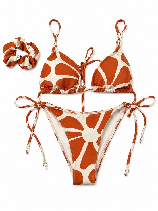 Wilo The Label Other - Wilo The Label Rust Petal Abstract Bikini Set w/ Scrunchie XS NWT